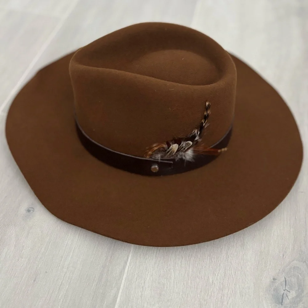 Rag & Bone Floppy Brim 100% Wool Feathered Fedora Pecan Brown Size M